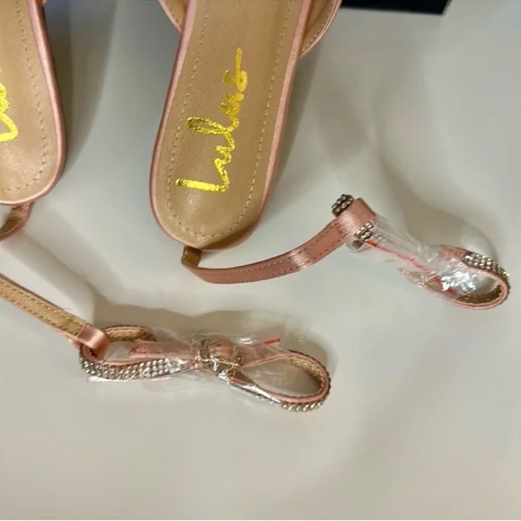 NIB Lulu’s Valetta Champagne Pink Satin Rhinestone Ankle Strap Flats 7 - Picture 11 of 12